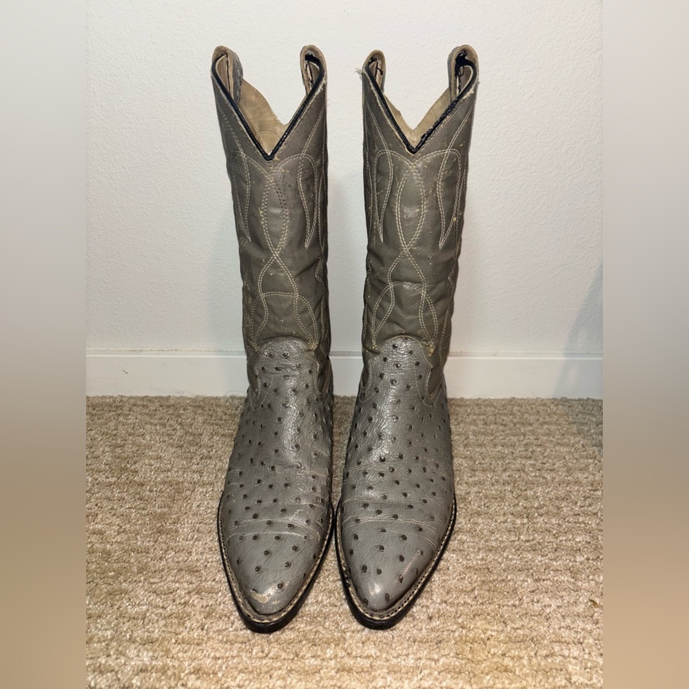 Grey leather ostrich print cowboy boots